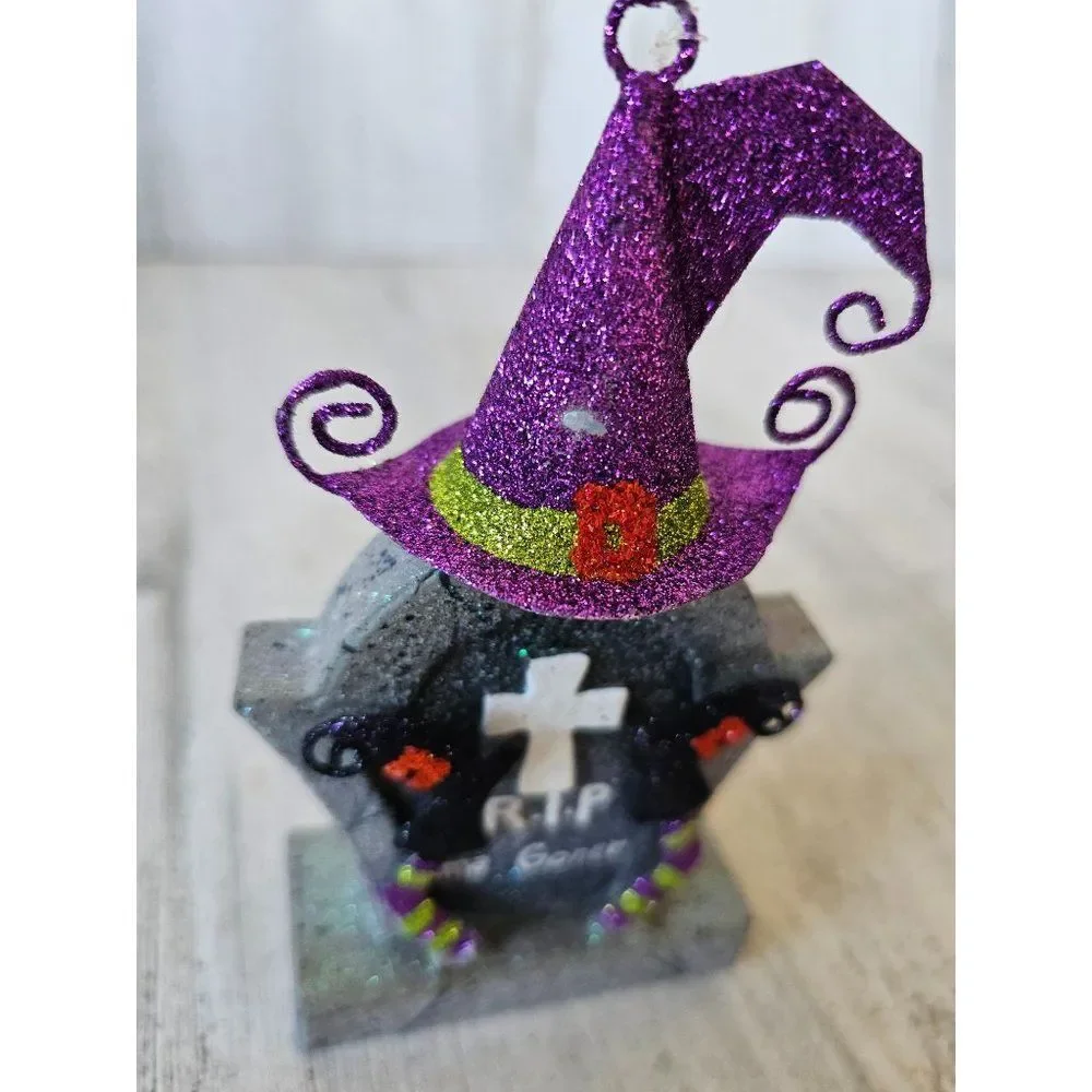Pier 1 glitter witch tombstone ornament‎ Halloween decor rare vintage rip